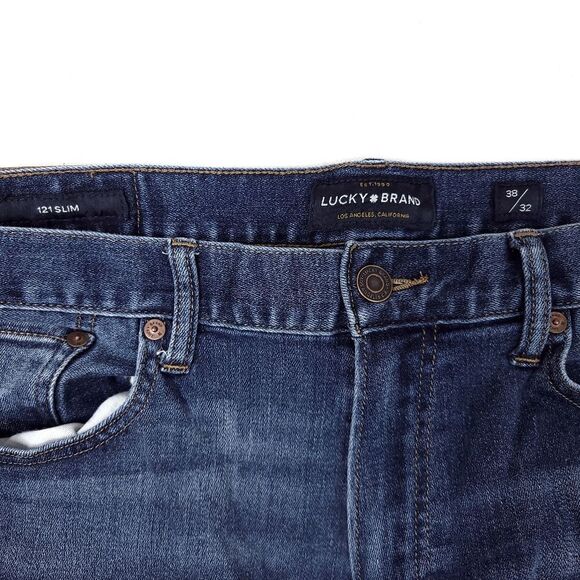Lucky Brand 121 Slim Jeans Mens 38x31 Dark Blue Stretch Designer 11.5" Rise - Picture 3 of 8